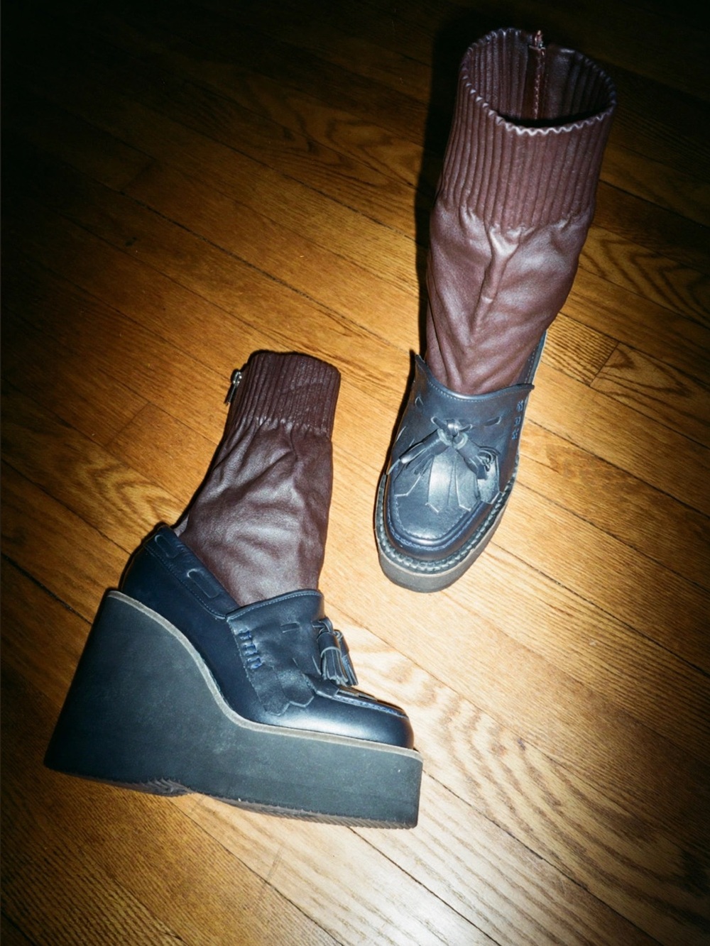 Sacai Hybrid Platform Tassel Loafer Leather Sock Boot EU37
